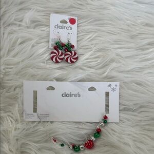Claire's Christmas bell necklace and peppermint swirl drop earrings NWT